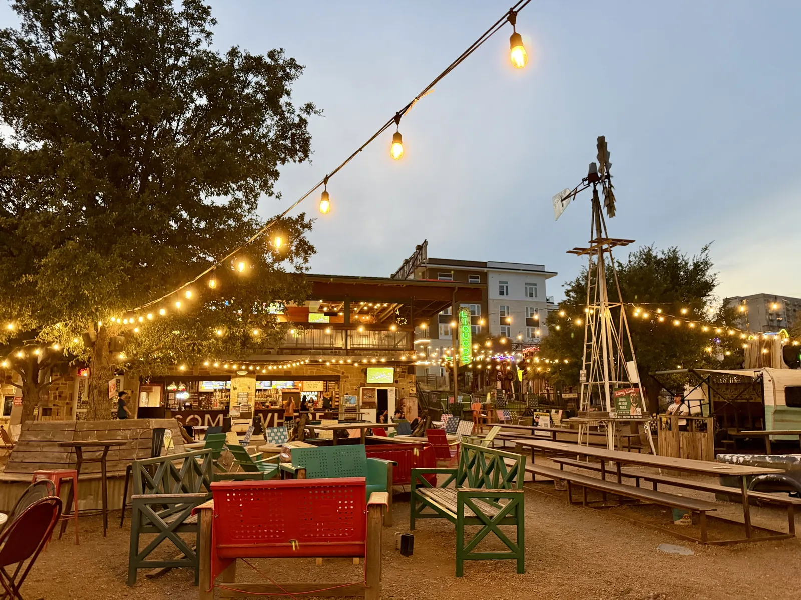 Beer garden under string lights