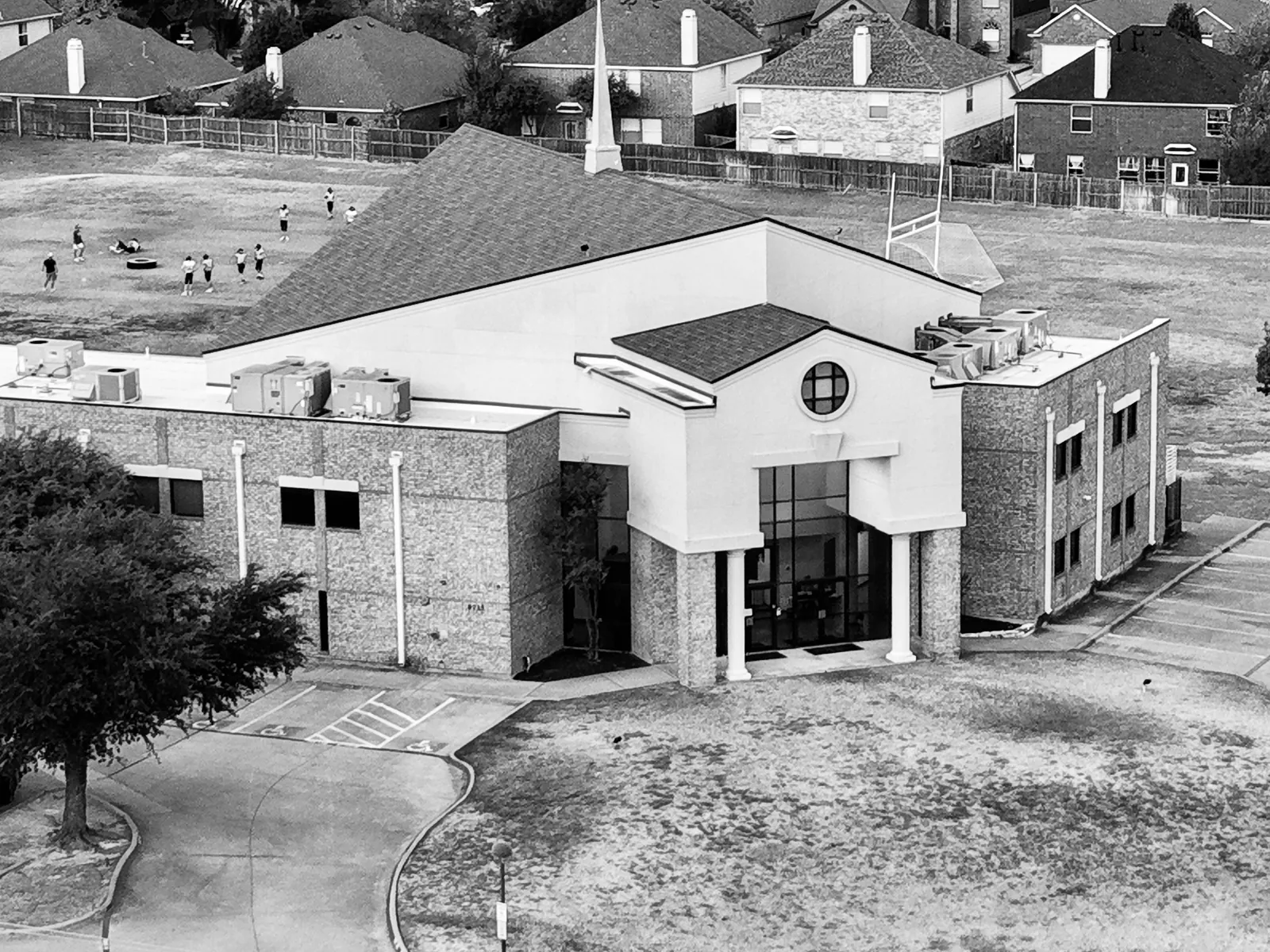 Church and grounds, in black and white