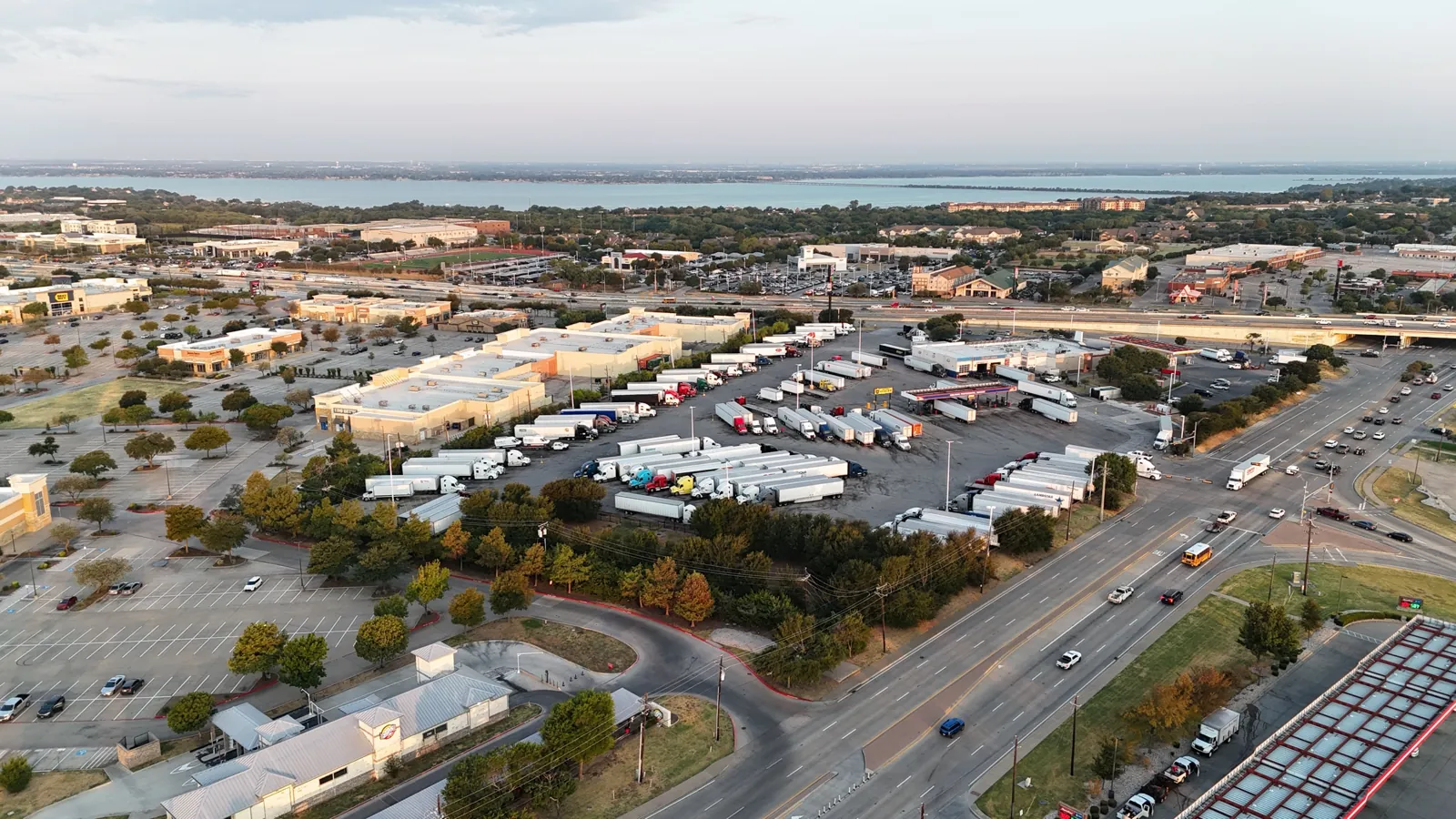 Truck stop, retail and the lake beyond